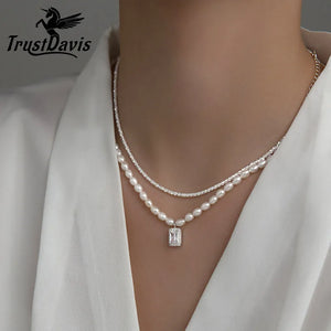 TrustDavis 925 Silver Beads Necklace Wedding Jewelry
