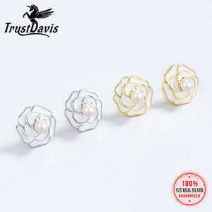 TrustDavis 925 Silver Pearl Flower Stud Earrings Women Anniversary Jewelry