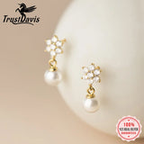 Davis 925 Silver Flower CZ Pearl Stud Earring Wedding Party Jewelry