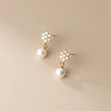 Davis 925 Silver Flower CZ Pearl Stud Earring Wedding Party Jewelry