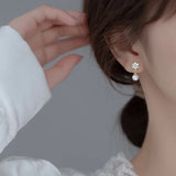 Davis 925 Silver Flower CZ Pearl Stud Earring Wedding Party Jewelry