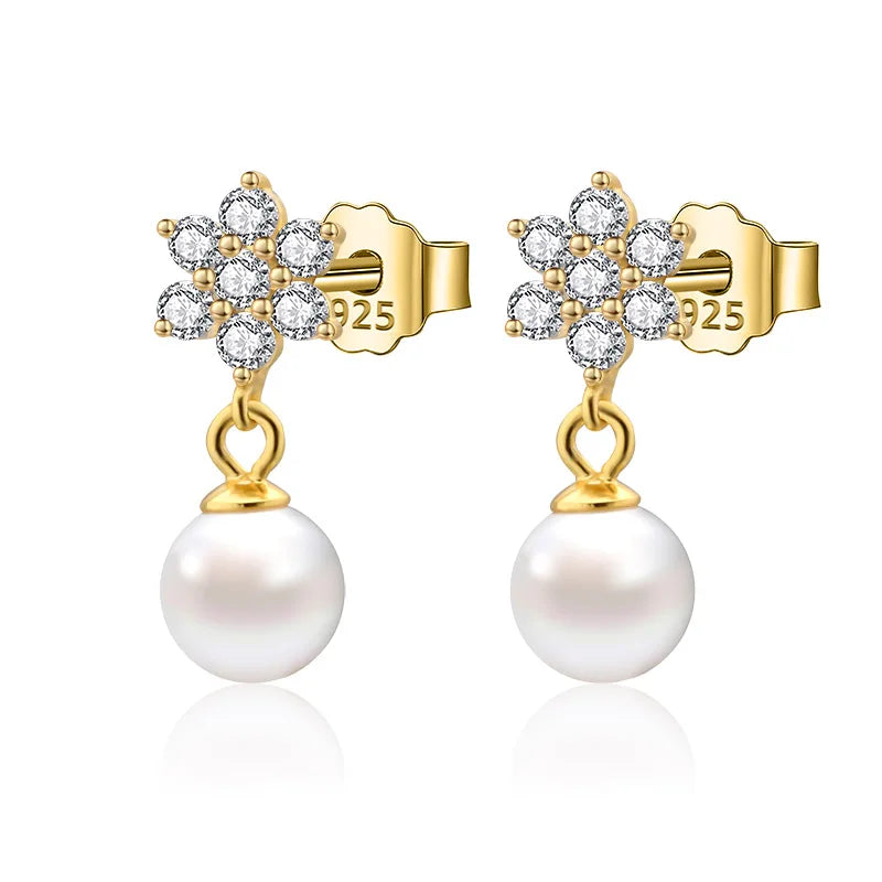 Davis 925 Silver Flower CZ Pearl Stud Earring Wedding Party Jewelry