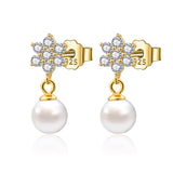 Davis 925 Silver Flower CZ Pearl Stud Earring Wedding Party Jewelry