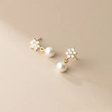 Davis 925 Silver Flower CZ Pearl Stud Earring Wedding Party Jewelry