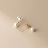 Davis 925 Silver Flower CZ Pearl Stud Earring Wedding Party Jewelry