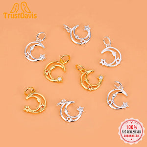 TrustDavis 925 Silver Hollow Moon CZ Charm Pendant