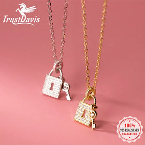 TrustDavis 925 Silver Lock Key CZ Pendant Choker Necklace S925 Jewelry