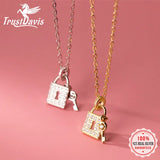 TrustDavis 925 Silver Lock Key CZ Pendant Choker Necklace S925 Jewelry