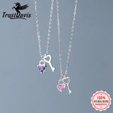 TrustDavis 925 Silver Love Lock Key CZ Necklace Women Wedding S925 Jewelry