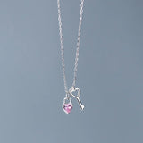 TrustDavis 925 Silver Love Lock Key CZ Necklace Women Wedding S925 Jewelry