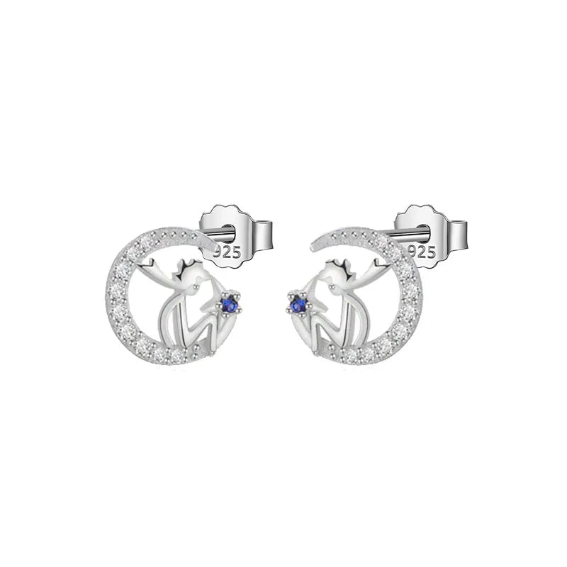 925 Sterling Silver Moon Prince CZ Stud Earring Women Teen Girl Wholesale