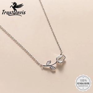 TrustDavis 925 Silver Tulip Flower CZ Necklace Mother's Gift