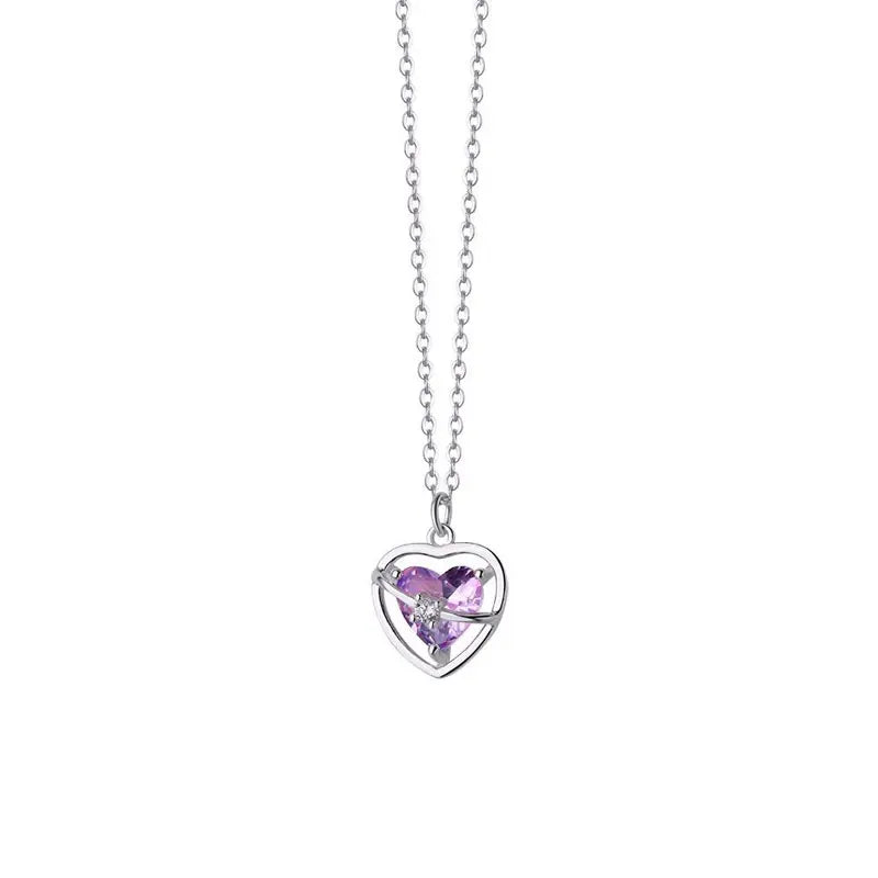 TrustDavis 925 Silver Pink CZ Heart Necklace Wedding Jewelry Gift