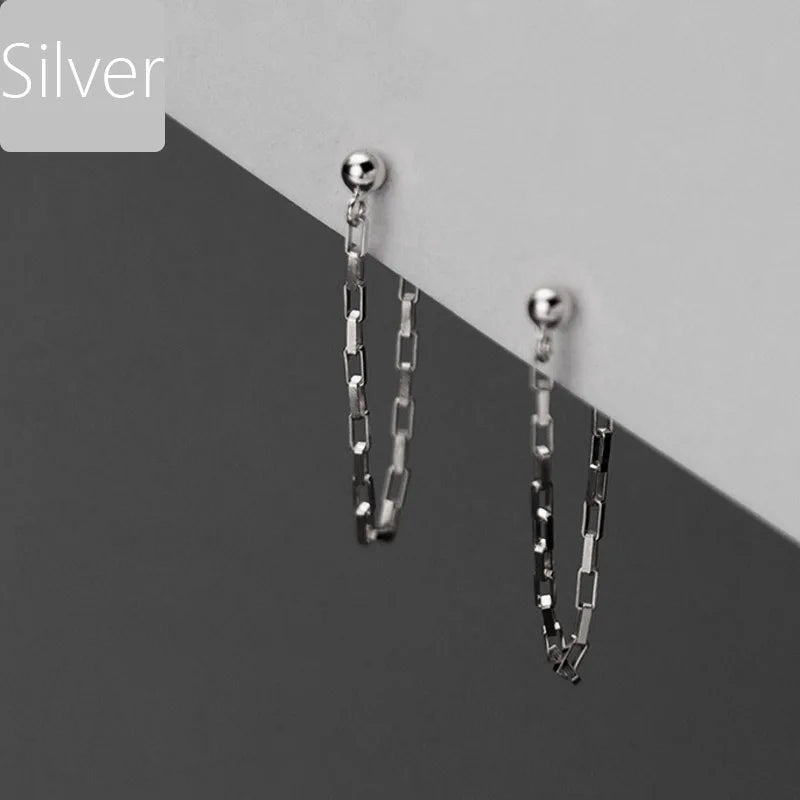 Real 925 Sterling Silver Pretty Chain Beads Stud Earrings For Women