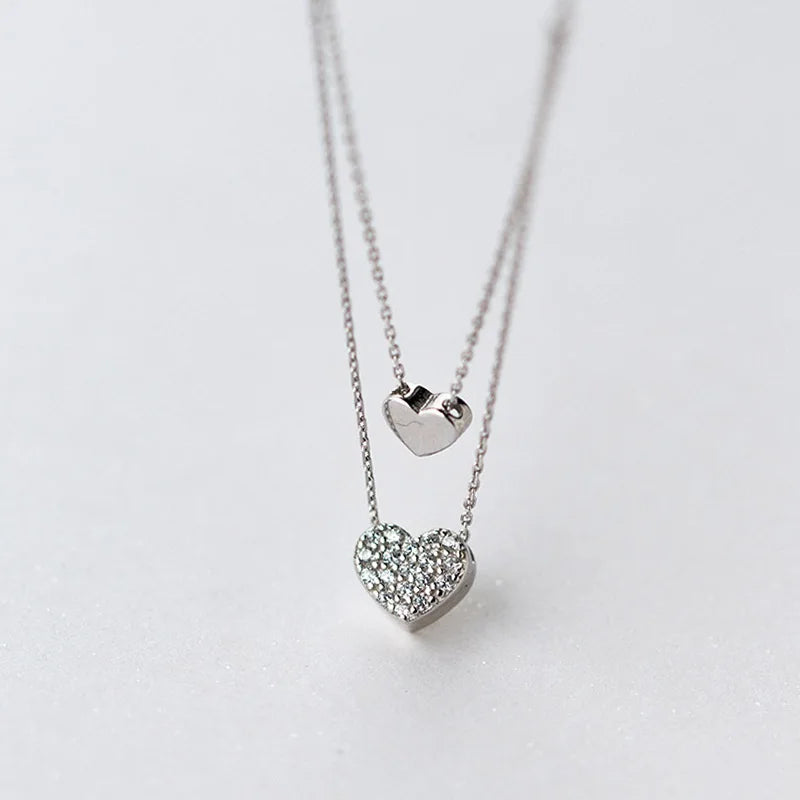 925 Sterling Silver Double Heart Chain Necklace For Women Wedding