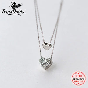 925 Sterling Silver Double Heart Chain Necklace For Women Wedding