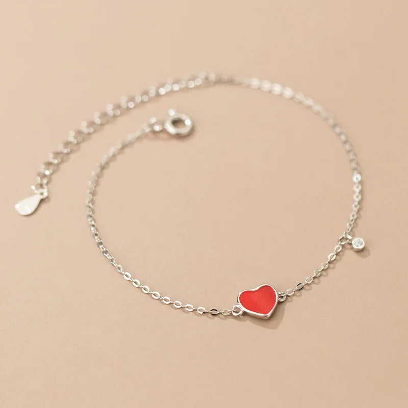 TrustDavis 925 Sterling Silver Red Heart CZ Bracelet For Women