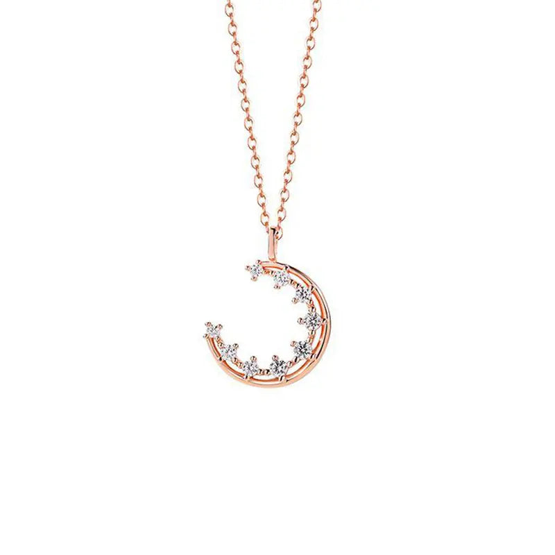 925 Silver Rose Moon CZ Necklace For Women Wedding Jewelry Gift