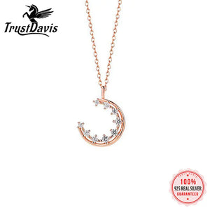 925 Silver Rose Moon CZ Necklace For Women Wedding Jewelry Gift