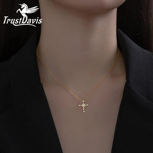 TrustDavis 925 Sterling Silver CZ Cross Pendant Necklace For Women
