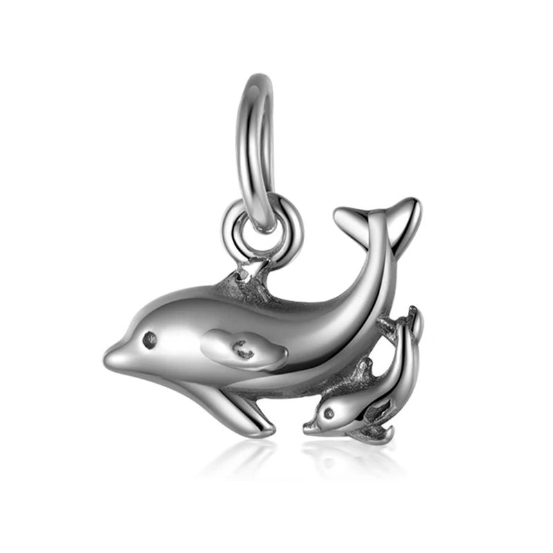 Real 925 Sterling Silver Double Dolphins Charm Pendant DIY Jewelry