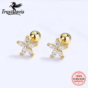 TrustDavis 925 Silver Flower CZ Screw Stud Earrings Wedding Jewelry