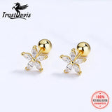 TrustDavis 925 Silver Flower CZ Screw Stud Earrings Wedding Jewelry