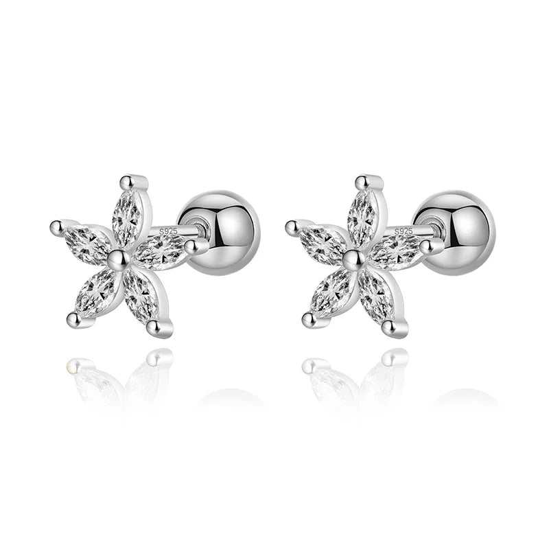 TrustDavis 925 Silver Flower CZ Screw Stud Earrings Wedding Jewelry