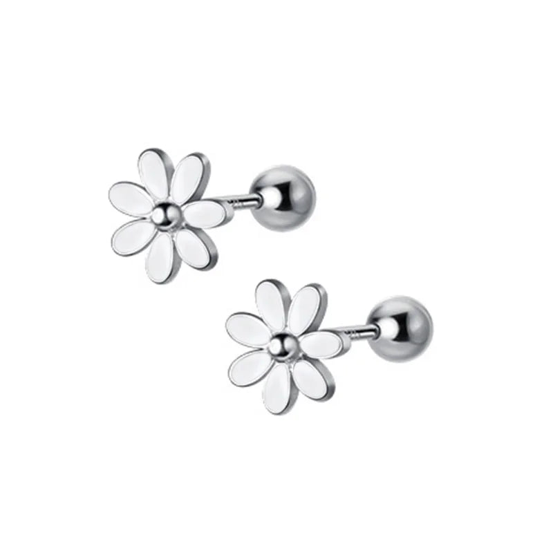 925 Sterling Silver Flower Stud Earrings Sweet Glaze Screw Wedding Jewelry