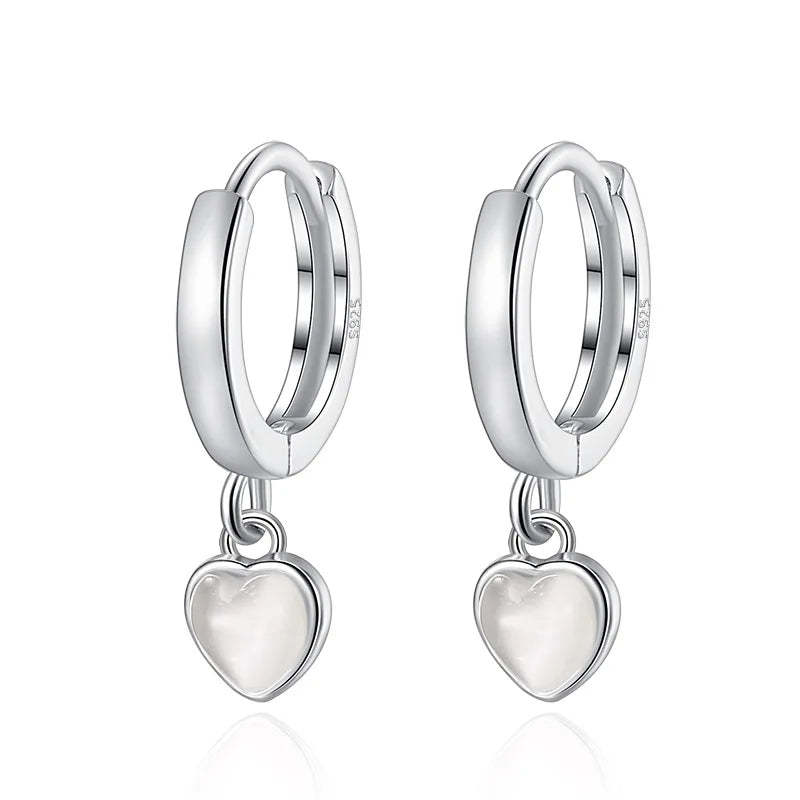 Real 925 Silver Heart Drop Charm Hoop Earrings For Women