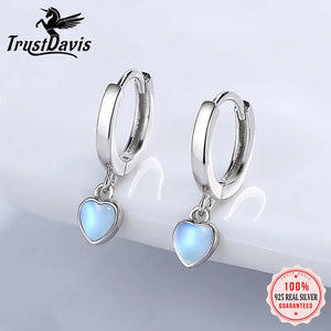 Real 925 Silver Heart Drop Charm Hoop Earrings For Women