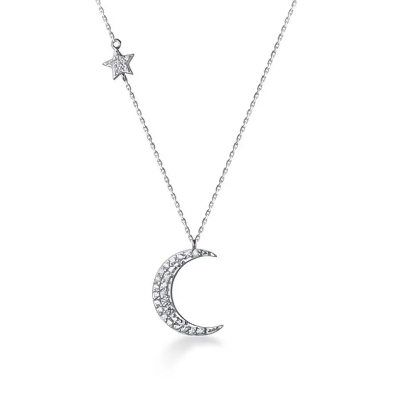 TrustDavis 925 Silver Moon Star CZ Choker Necklace