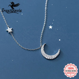 TrustDavis 925 Silver Moon Star CZ Choker Necklace