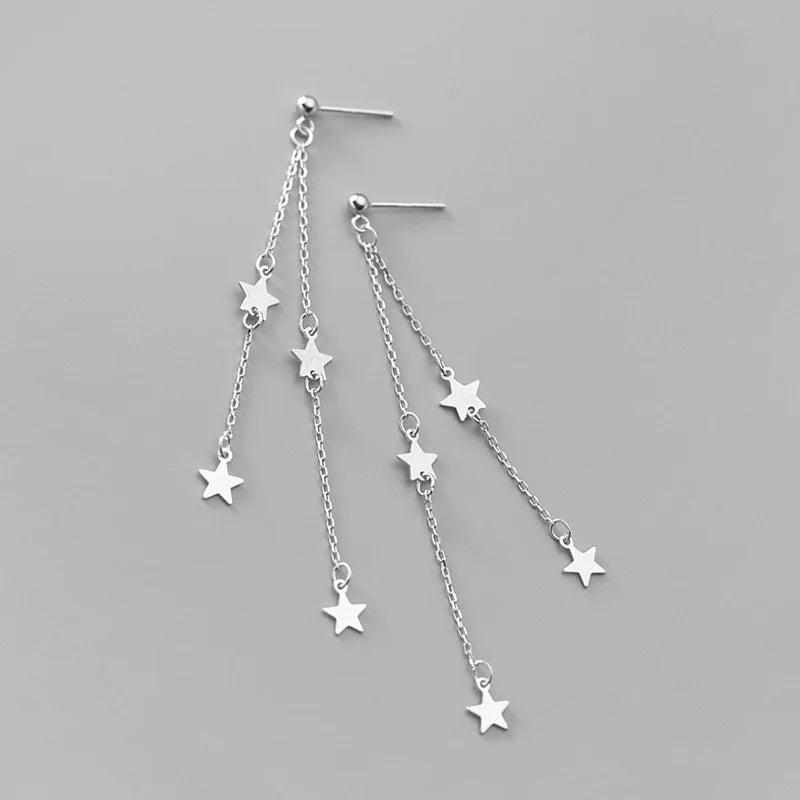 925 Sterling Silver Tassel Chain Star Stud Earrings Wedding Jewelry