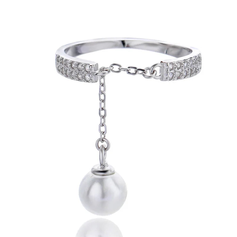 Davis 925 Silver Pearl CZ Chain Ring Women Wedding Party Fine Jewelry