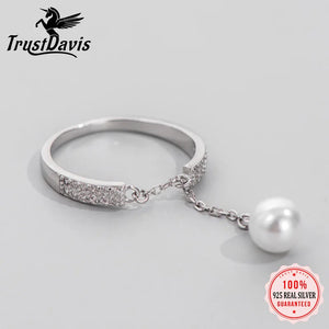Davis 925 Silver Pearl CZ Chain Ring Women Wedding Party Fine Jewelry