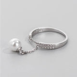 Davis 925 Silver Pearl CZ Chain Ring Women Wedding Party Fine Jewelry