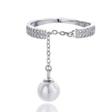 Davis 925 Silver Pearl CZ Chain Ring Women Wedding Party Fine Jewelry