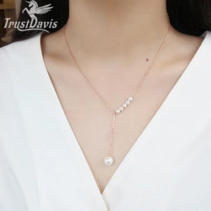 TrustDavis 925 Sterling Silver Tassel Pearl Necklace For Women Wedding