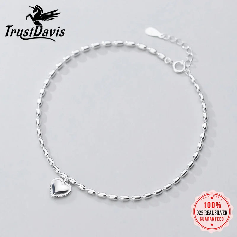 TrustDavis 925 Sterling Silver Sweet Heart Love Anklets For Women