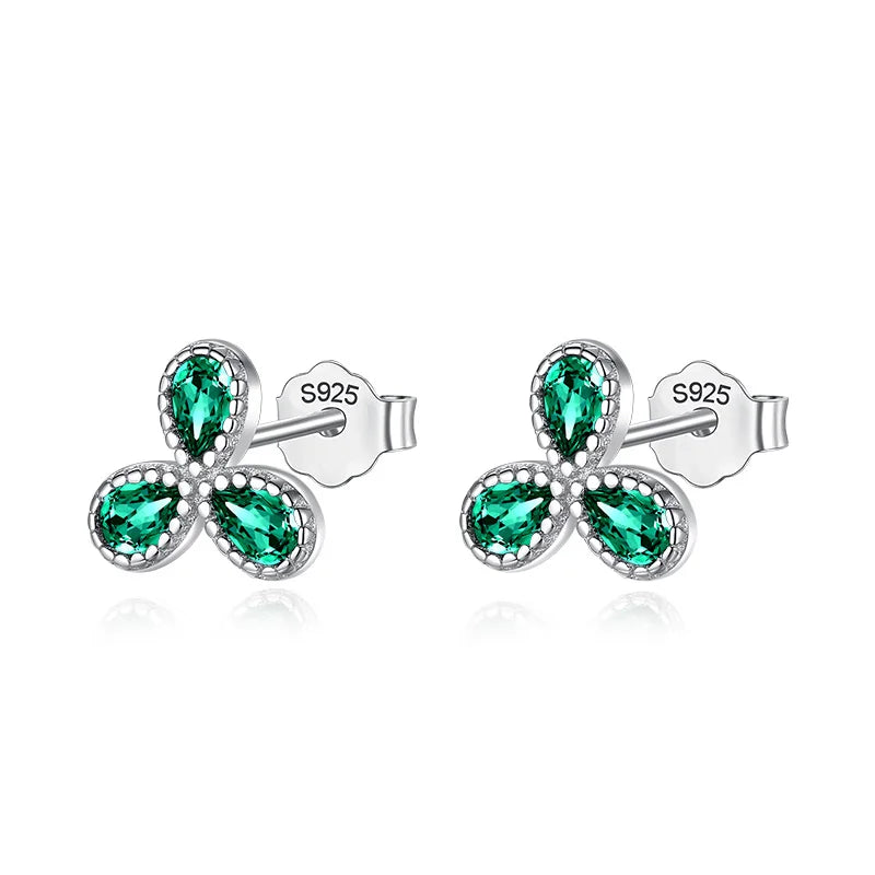 TrustDavis 925 Silver Flower Green CZ Stud Earrings Wedding Jewelry