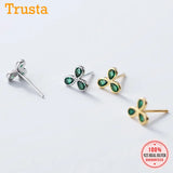TrustDavis 925 Silver Flower Green CZ Stud Earrings Wedding Jewelry