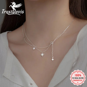 TrustDavis 925 Sterling Silver Square Star Double Layer Necklace for Women