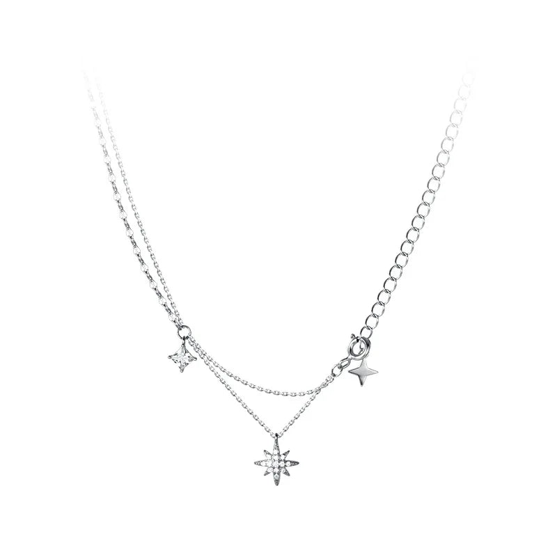 TrustDavis 925 Sterling Silver Square Star Double Layer Necklace for Women