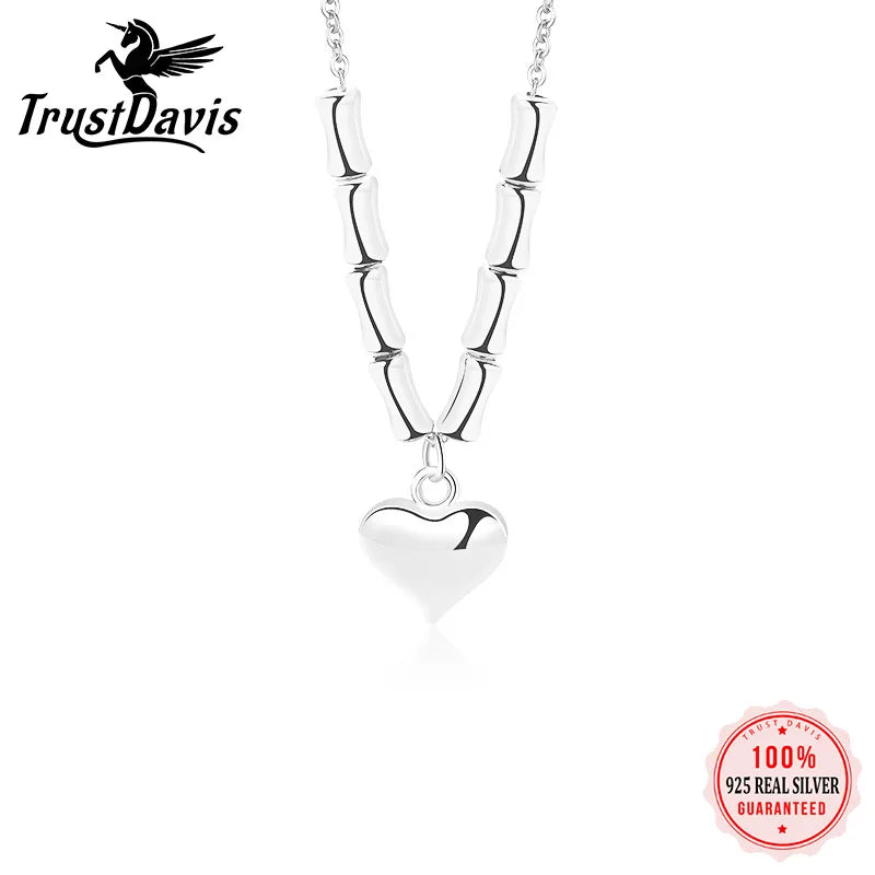TrustDavis 925 Silver Heart Charm Necklace Vintage Clavicle Chain for Women
