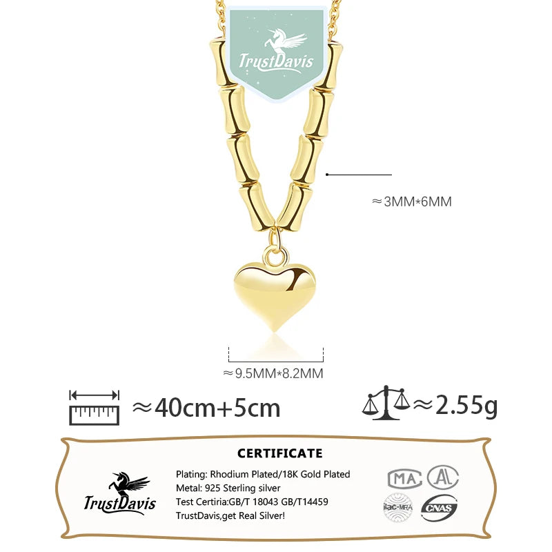 TrustDavis 925 Silver Heart Charm Necklace Vintage Clavicle Chain for Women