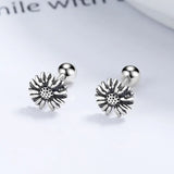 925 Silver Heart Daisy Round Stud Earrings Women Wedding Fine Jewelry