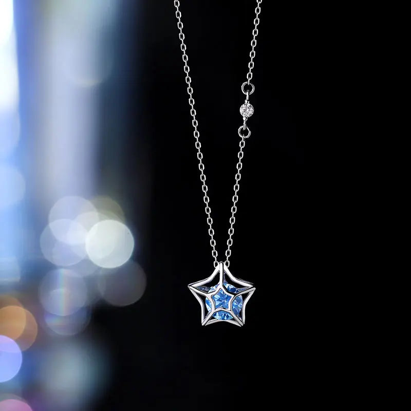 TrustDavis 925 Silver Hollow Star Zircon Chain Necklace for Women