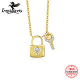 TrustDavis 925 Silver Key Lock CZ Necklace Women Birthday Gift Jewelry