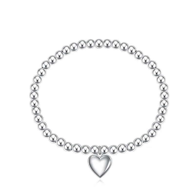 TrustDavis 925 Sterling Silver Heart Elastic Beads Bracelet For Women Gift